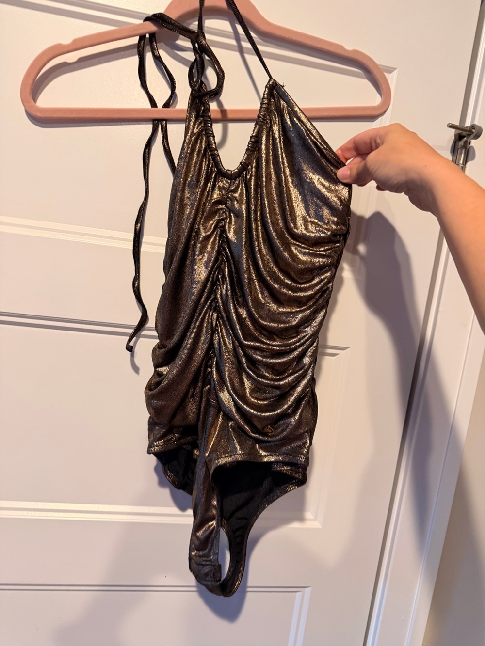 12th Tribe Shimmery Bronze Ruched Halter Bodysuit-L